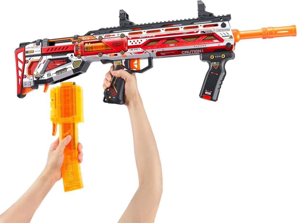a picture of the xshot pro longshot blaster demonstrating that it can be used with both long and short darts using an included adaptor